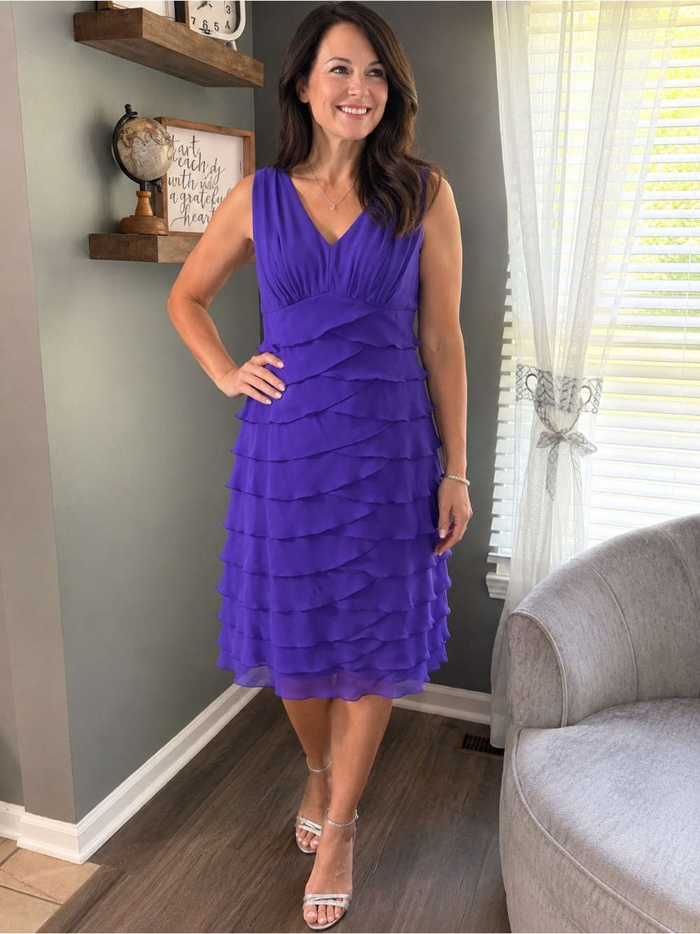 Jones New York Vibrant Purple Tiered V-Neck Midi Dress